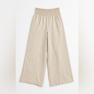 CeCe Wide Leg Pants Smocked Waist Beige Coastal Resort Travel Lounge M